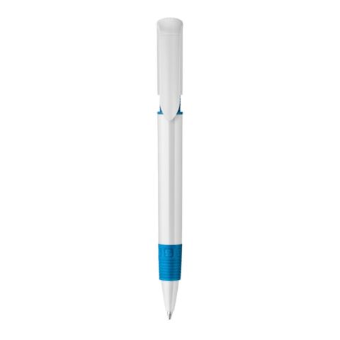 Kugelschreiber S40 Grip hardcolour Weiss-Blau Weiss | 1-farbiger Siebdruck | in Verlängerung vom Clip | 40 mm x 30 mm | Nicht verfügbar