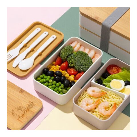 Lunchbox Bento R-PP &amp; Bambus Weiss | 1-farbiger Tampondruck | Oberseite rechts | 65 mm x 65 mm | Nicht verfügbar