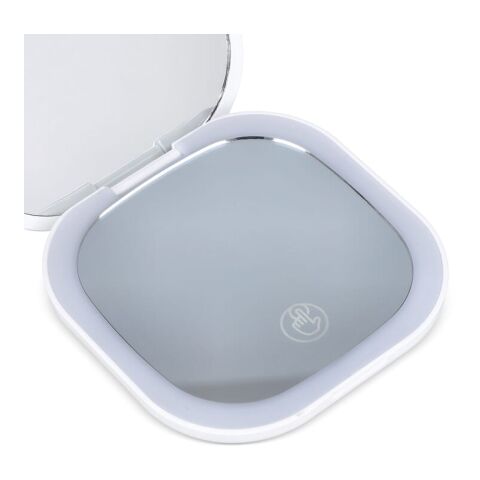 LED-Kompakt-Spiegel 350 mAh Weiss | 1-farbiger Tampondruck | Oberseite | 50 mm x 50 mm
