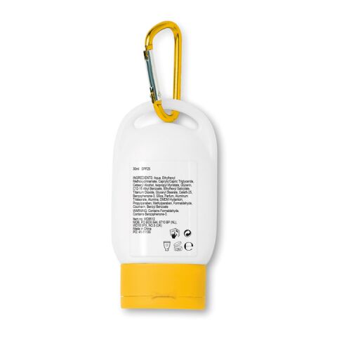 Sonnencreme mit Karabiner gelb | ohne Werbeanbringung | Nicht verfügbar | Nicht verfügbar | Nicht verfügbar