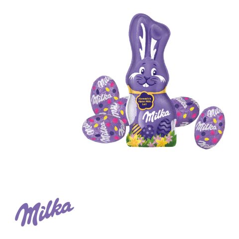 Werbe-Hase mit Schokoladenmischung von Milka bunt
