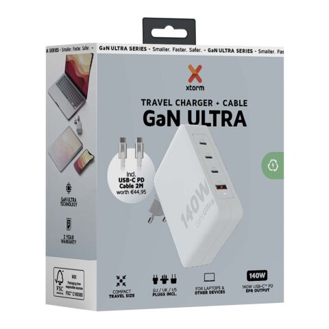 Xtorm XVC2140 GaN Ultra 140 W Reiseadapter mit 240 W USB-C PD-Kabel Standard | Weiß | ohne Werbeanbringung | Nicht verfügbar | Nicht verfügbar