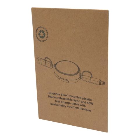 Chechia 100cm 5-in-1 Kabel aus recyceltem Kunststoff, einziehbar, für Datenübertragung und 45W Schnellladung mit Bambusdetails Standard | weiss | ohne Werbeanbringung | Nicht verfügbar | Nicht verfügbar