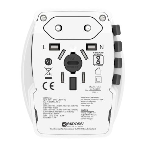 SKROSS® MUV AC65PD Reiseadapter mit USB-C Kabel  weiß