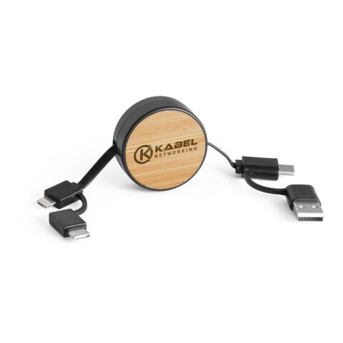RUBINS. 6-in-1-USB-Kabel ausziehbar aus Recyceltes ABS (100% rABS) und Bambus schwarz | ohne Werbeanbringung | Nicht verfügbar | Nicht verfügbar