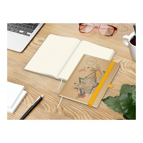 Notizbuch Match-Book Naturpapier-Hardcover individuell bedruckt Gelb | DIN A5 | ohne Werbeanbringung | Braun | Cremefarben/Punktraster