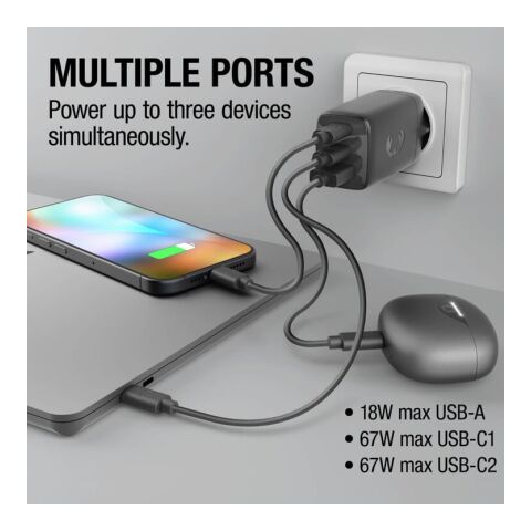 Fresh 'n Rebel 67W Laptop-Ladegerät GaN USB-C und USB-A Dunkelgrau