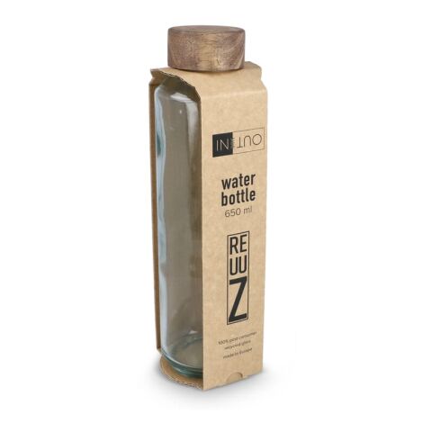 InSideOut Recycelte Glaswasserflasche ReuuZ mit Holzverschluss 650 ml Transparent | Gravur | Seite 1 | 149 mm x 55 mm