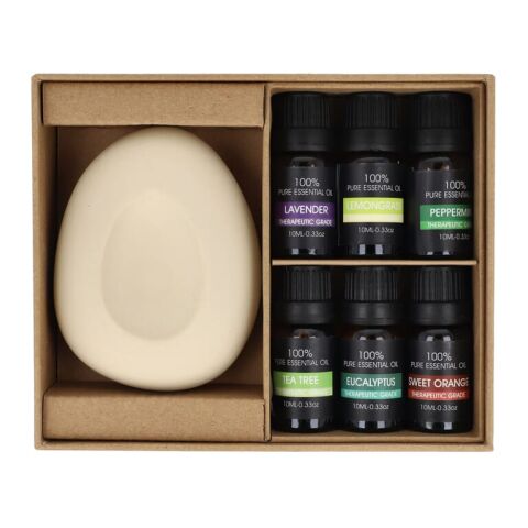 InsideOut Aroma Pebble Geschenkset mit 6 ätherischen Ölen Ecru | Gravur | Vorderseite | 36 mm x 10 mm
