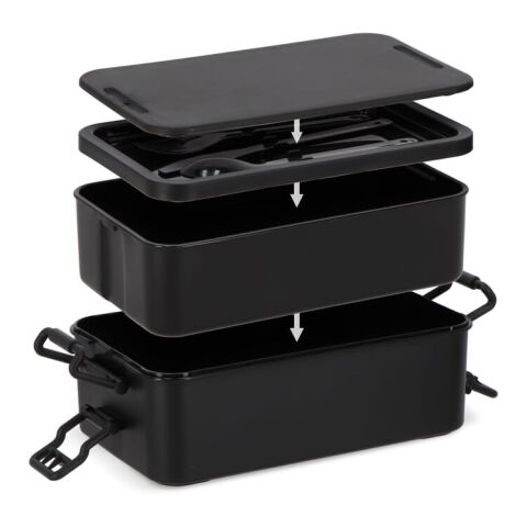 Doppelte Lunchbox mit Besteck schwarz | ohne Werbeanbringung | Nicht verfügbar | Nicht verfügbar