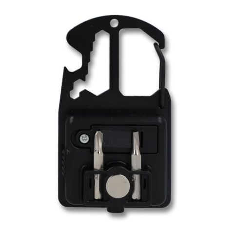 Kompaktes Multitool aus R-ABS &amp; Metall 7 Funktionen Schwarz | 1-farbiger Tampondruck | Vorderseite | 30 mm x 15 mm | Nicht verfügbar