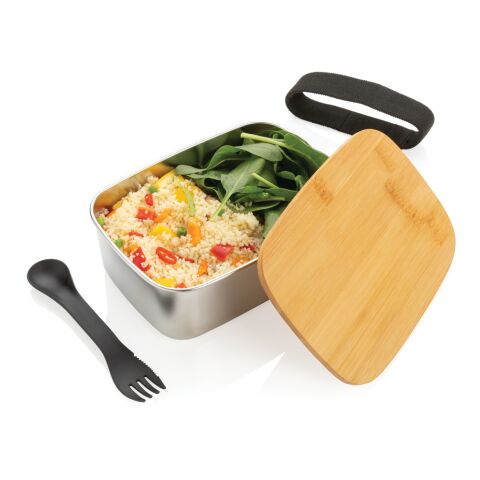 Stainless Steel Lunchbox mit Bambus-Deckel und Göffel silber | ohne Werbeanbringung | Nicht verfügbar | Nicht verfügbar