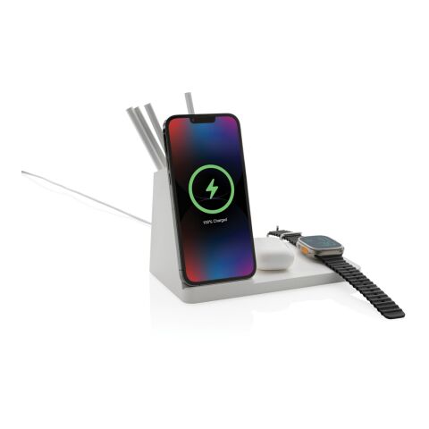 Ontario 15W 3-in-1 Charger aus RCS rec. Kunststoff &amp; Bambus weiß | ohne Werbeanbringung | Nicht verfügbar | Nicht verfügbar