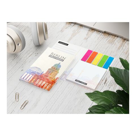 Haftnotiz-Set Berlin Zettel quadratisch Karton-Umschlag mit Buchöffnung 79 × 128 mm | ohne Werbeanbringung | ohne Werbeanbringung | ohne Werbeanbringung | transparente, farbige Folie | Karton glänzend