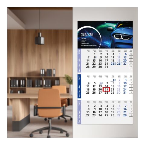 3-Monatskalender Einblatt Logic 3 Post A EXPRESS Design-Kalendarium Blau | 300 × 560 mm | ohne Werbeanbringung