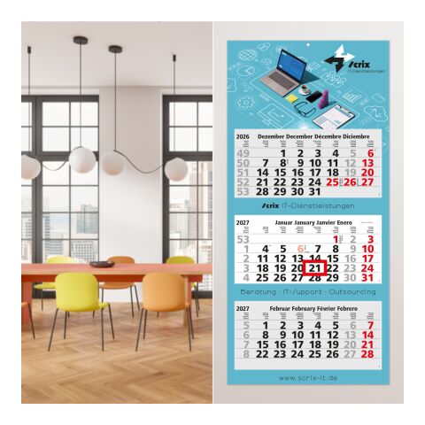 3-Monatskalender Mehrblock Maxi Light 3 EXPRESS Werbung auf Rückwand Hellgrau | 330 × 700 mm | ohne Werbeanbringung