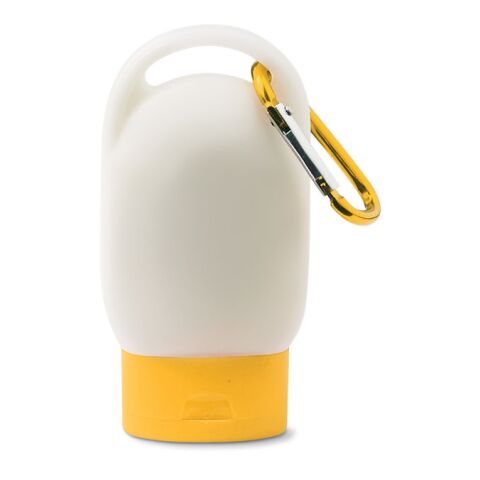 Sonnencreme mit Karabiner gelb | ohne Werbeanbringung | Nicht verfügbar | Nicht verfügbar | Nicht verfügbar