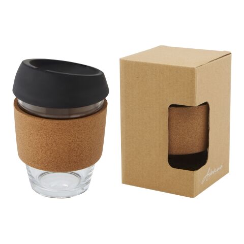 Lidan 360 ml Becher aus Borosilikatglas mit Korkgriff und Silikondeckel schwarz