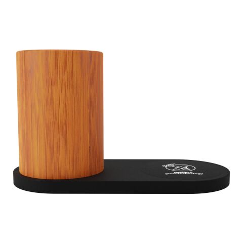 SCX.design W17 kabelloses 10W Ladepad mit Bambus-Stifthalter und Leuchtlogo holz-schwarz | ohne Werbeanbringung | Nicht verfügbar | Nicht verfügbar