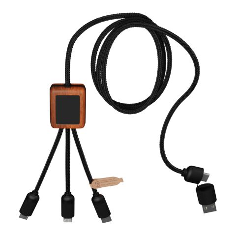 SCX.design C38 5-in-1 Ladekabel aus rPET in quadratischem Bambusgehäuse mit Leuchtlogo Standard | schwarz-holz | ohne Werbeanbringung | Nicht verfügbar | Nicht verfügbar