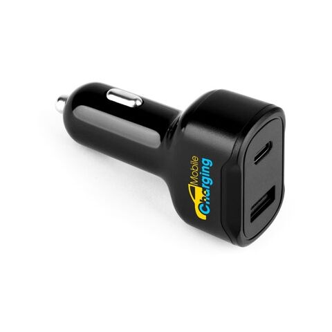 DIRAC. KFZ-Ladegerät mit USB-A Anschluss 18W und USB-C 20W in recyceltes ABS (100 % rABS) schwarz | ohne Werbeanbringung | Nicht verfügbar | Nicht verfügbar | Nicht verfügbar
