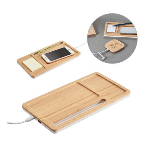 MOTT. Schreibtisch-Organizer mit 15W wireless Ladegerät aus Bambus und ABS Beige | ohne Werbeanbringung