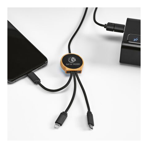Asimov 5-in-1 Kabel aus Bambus und rPET. Mit hinterleuchtetem Logo Schwarz | ohne Werbeanbringung | Nicht verfügbar | Nicht verfügbar | Nicht verfügbar
