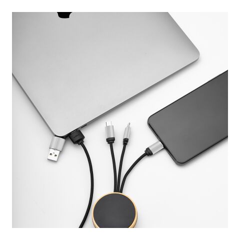 Feynman 5-in-1 Kabel aus Bambus und rPET. Mit hinterleuchtetem Logo Schwarz | ohne Werbeanbringung | Nicht verfügbar | Nicht verfügbar | Nicht verfügbar