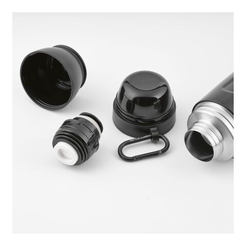 Loire Thermos aus recy.Edelstahl, 810 ml. Mit 2 Bechern und Karabiner Schwarz | ohne Werbeanbringung | Nicht verfügbar | Nicht verfügbar | Nicht verfügbar