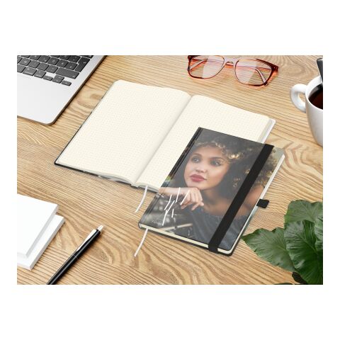 Notizbuch Match-Book Papier-Hardcover individuell bedruckt Schwarz | DIN A5 | ohne Werbeanbringung | glänzend | Cremefarben/Punktraster
