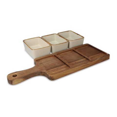 InSideOut Servierbrett aus Holz mit 3 Keramikschalen Ecru | ohne Werbeanbringung | Nicht verfügbar | Nicht verfügbar