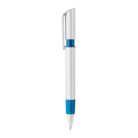Kugelschreiber S40 Grip hardcolour Weiss-Blau Weiss | 1-farbiger Siebdruck | in Verlängerung vom Clip | 40 mm x 30 mm | Nicht verfügbar