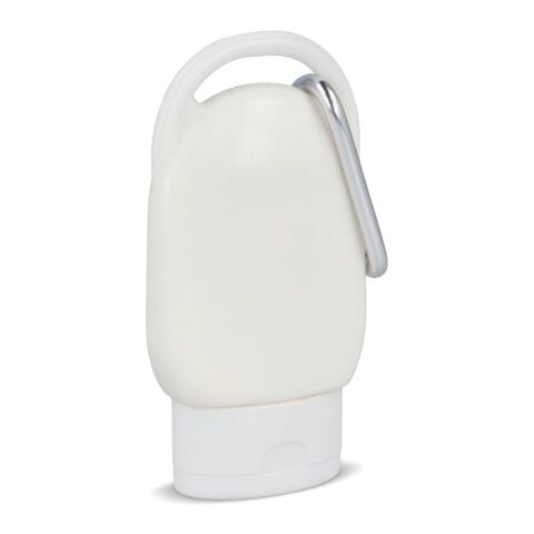Sonnenschutzlotion mit Karabiner SPF30 aus recyceltem Material Weiss | ohne Werbeanbringung | Nicht verfügbar | Nicht verfügbar