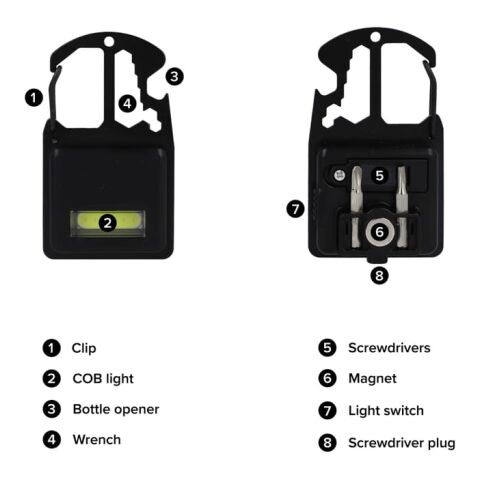 Kompaktes Multitool aus R-ABS &amp; Metall 7 Funktionen Schwarz | 1-farbiger Tampondruck | Vorderseite | 30 mm x 15 mm | Nicht verfügbar