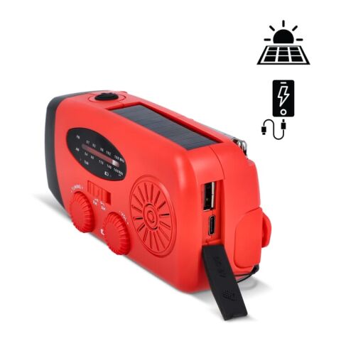 SafeSound Notfallradio Solar und Powerbank mit Handaufzug Rot Weiß | 1-farbiger Tampondruck | Vorderseite | 35 mm x 8 mm