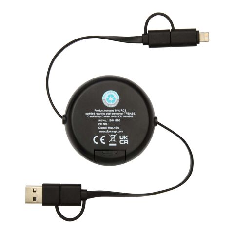 Chechia 100cm 5-in-1 Kabel aus recyceltem Kunststoff, einziehbar, für Datenübertragung und 45W Schnellladung mit Bambusdetails Standard | schwarz | ohne Werbeanbringung | Nicht verfügbar | Nicht verfügbar