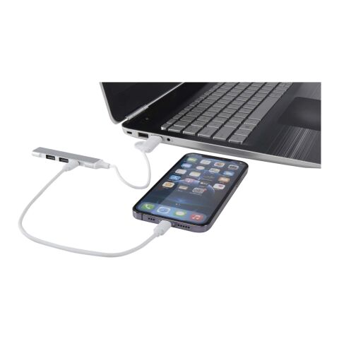 Alkaid 4 Port Hub aus recyceltem Aluminium mit USB-A- und Typ-C-Anschlüssen und zwei Eingängen Standard | Silber | ohne Werbeanbringung | Nicht verfügbar | Nicht verfügbar