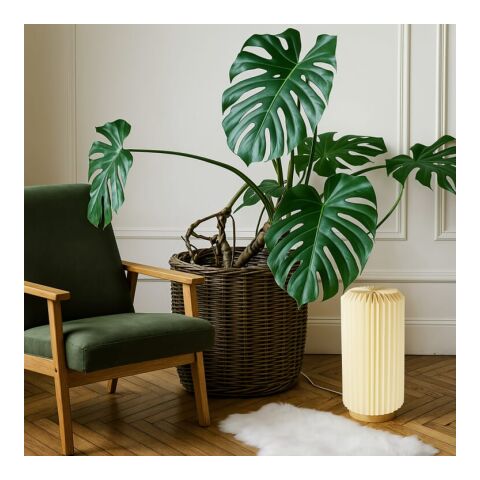 Coollux faltbare Papier-LED-Lampe Aurora Tall auf Holzsockel, 32cm Natur | Gravur | Sockel der Lampe | 80 mm x 15 mm