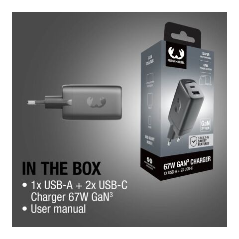 Fresh 'n Rebel 67W Laptop-Ladegerät GaN USB-C und USB-A Dunkelgrau | ohne Werbeanbringung | Nicht verfügbar | Nicht verfügbar