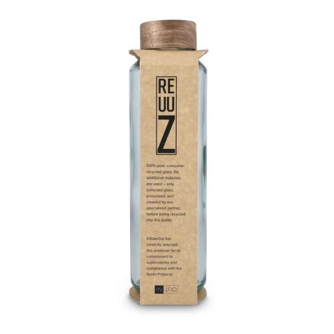 InSideOut Recycelte Glaswasserflasche ReuuZ mit Holzverschluss 650 ml Transparent | Gravur | Seite 1 | 149 mm x 55 mm