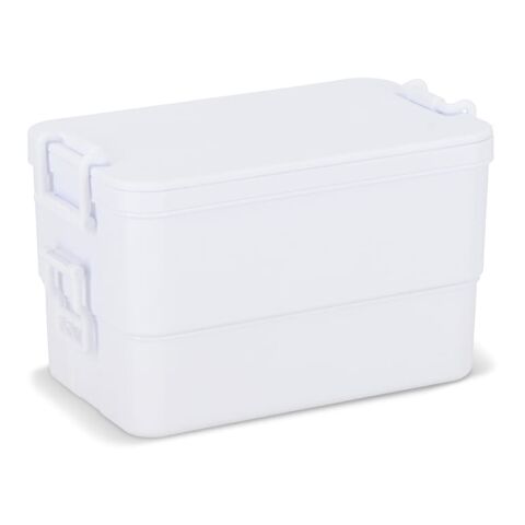 Doppelte Lunchbox mit Besteck Weiss | 1-farbiger Tampondruck | Deckel | 50 mm x 50 mm