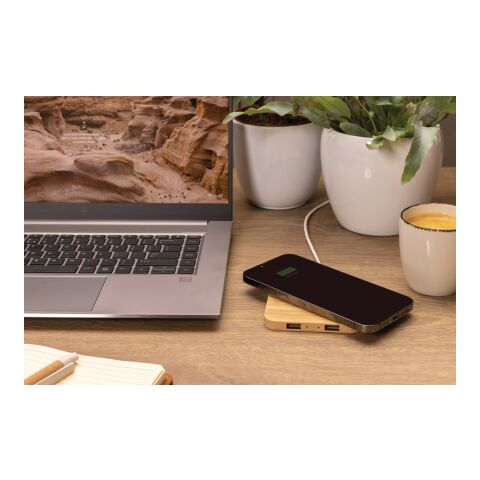 10W Wireless-Charger mit USB aus FSC®-Bambus braun | ohne Werbeanbringung | Nicht verfügbar | Nicht verfügbar