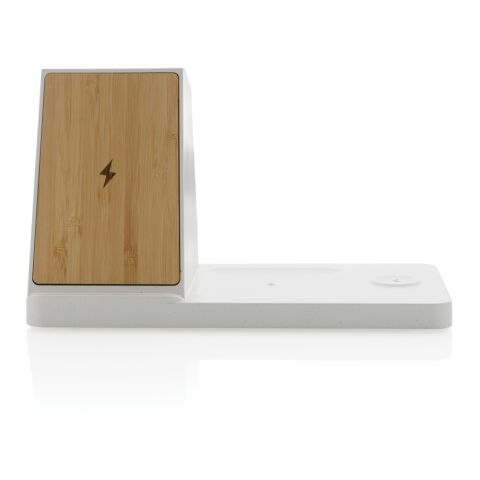 Ontario 15W 3-in-1 Charger aus RCS rec. Kunststoff &amp; Bambus weiß | ohne Werbeanbringung | Nicht verfügbar | Nicht verfügbar