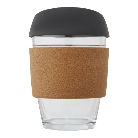 Lidan 360 ml Becher aus Borosilikatglas mit Korkgriff und Silikondeckel schwarz