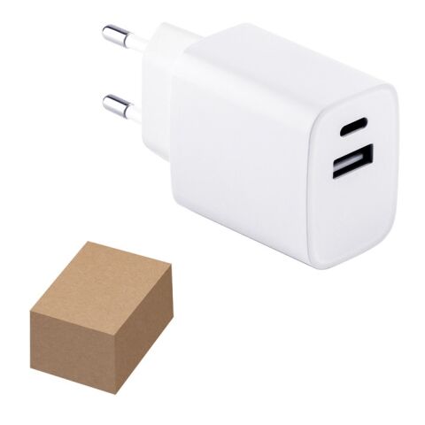 WEGENER. Ladegerät mit USB-A Anschluss 18W und USB-C 20W in Recyceltes ABS (100% rABS) Weiß | ohne Werbeanbringung