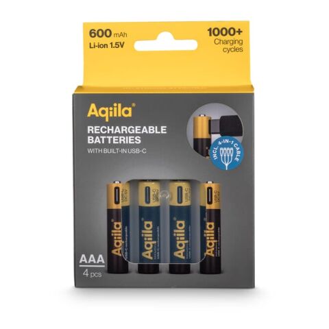 Aqiila Wiederaufladbare USB-C-Batterien AAA 600 mAh, 4er-Pack schwarz | ohne Werbeanbringung | Nicht verfügbar | Nicht verfügbar