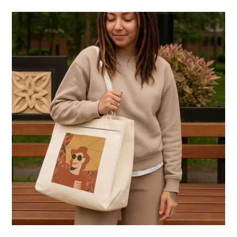 Baumwoll-Tragetasche mit Reißverschluss OEKO-TEX® 39 x 24 x 34cm 320g/m² Ecru | 1-farbiger Siebdruck | Seite 1 | 290 mm x 130 mm